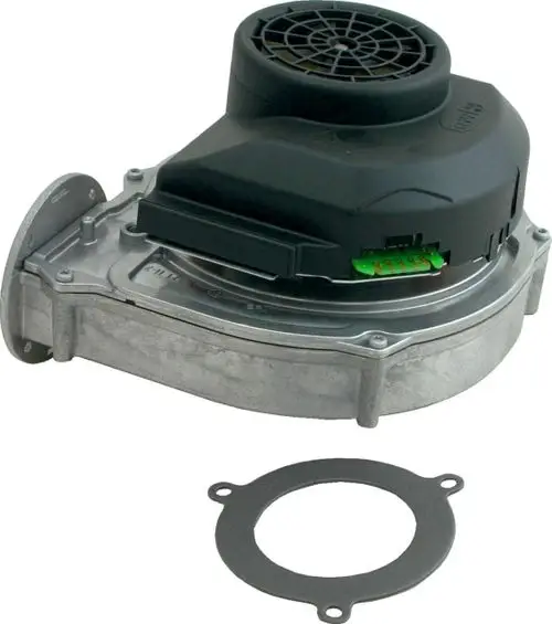 Ventilator Set von Wolf, bestehend aus einem Hauptventilator mit montiertem Motorgehäuse und einer Dichtung, dargestellt auf einem neutralen Hintergrund.
